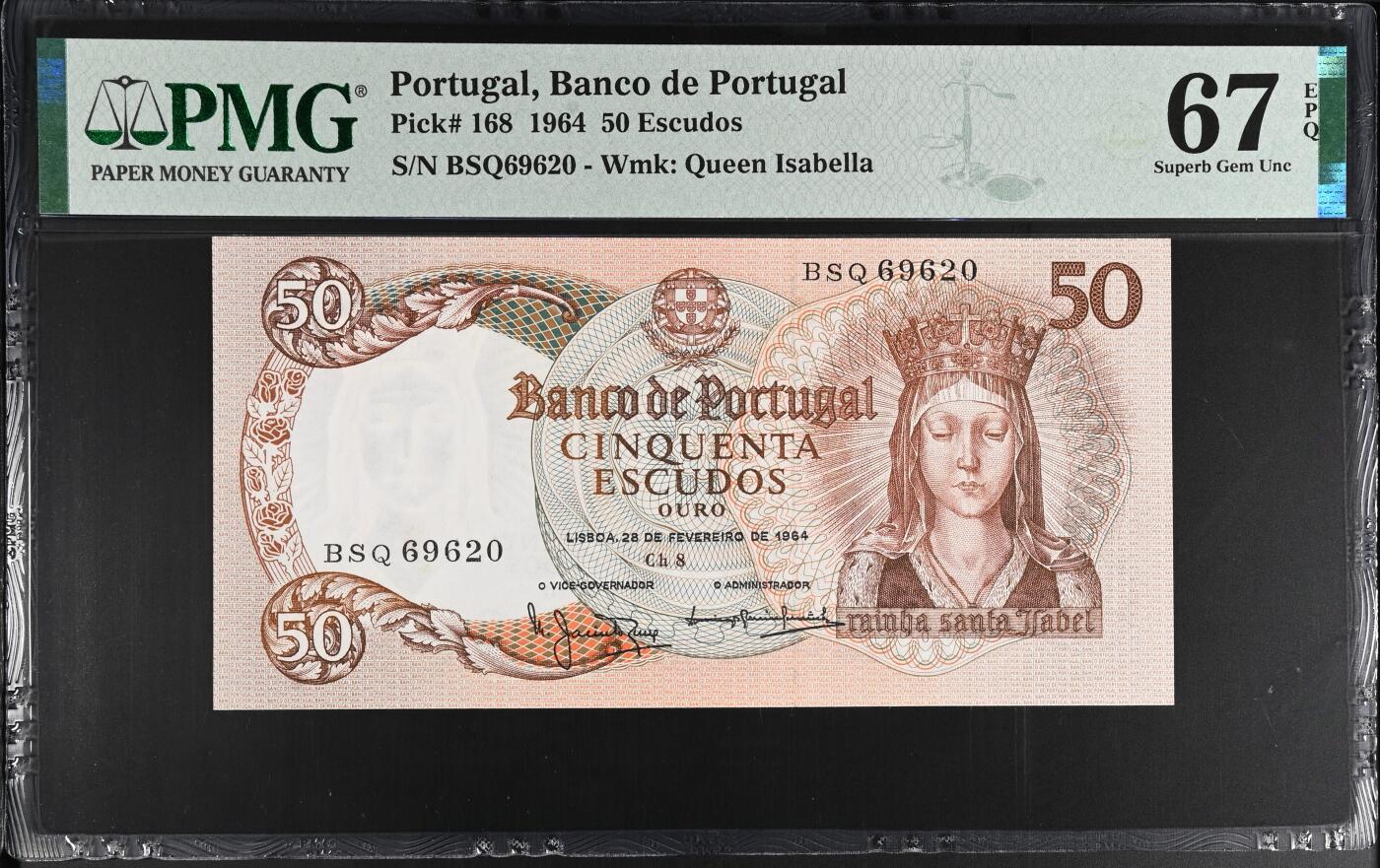 《艾美收藏》第225期-12.15周日外币精选场 葡萄牙1964年50埃斯库多PMG67E高分龙珠号无3457 伊莎贝尔女王 葡萄牙经典品种