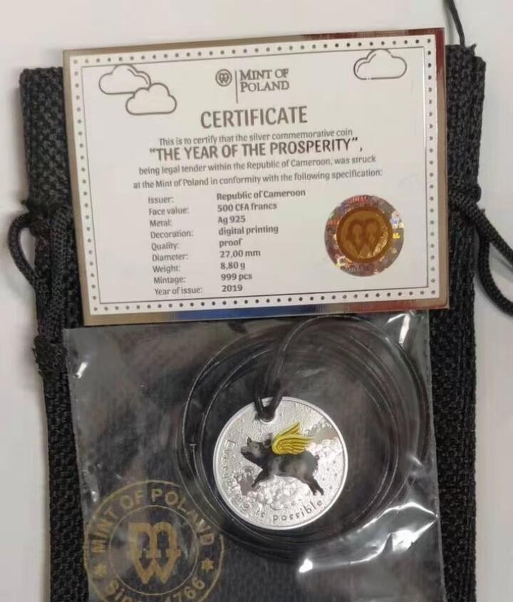 第185期拍卖 【励志银币】喀麦隆2019年，“Everything is possible”一切皆有可能-猪都能飞上天!  挂孔项链吊坠、彩色精制银币. 盒证全. 原装袋式盒. 火热励志精制银币. 国外售价120美元
