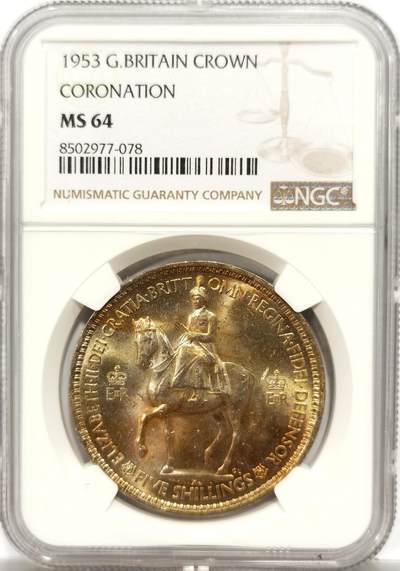 博洋堂世界钱币拍卖第153期（全场包邮） - NGC MS64 英国1953年伊丽莎白二世登基纪念克朗，带彩少见