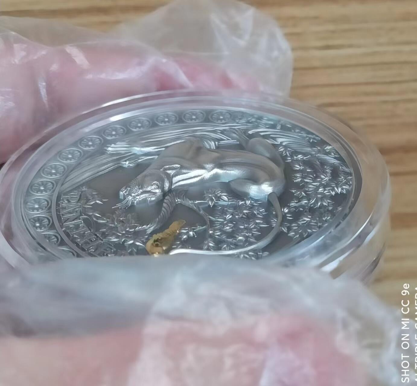 第185期拍卖 【龙头币】加纳2022，狂野杀手(1)-黑豹猎鸟，50克加大(直径达50mm)超高浮雕,仿古镀金银币. 盒证全. 龙头币 (狂野系列第一枚)，该系列即将发行第三枚. 实物图案超漂亮、立体. 新热门，国外售价348美元