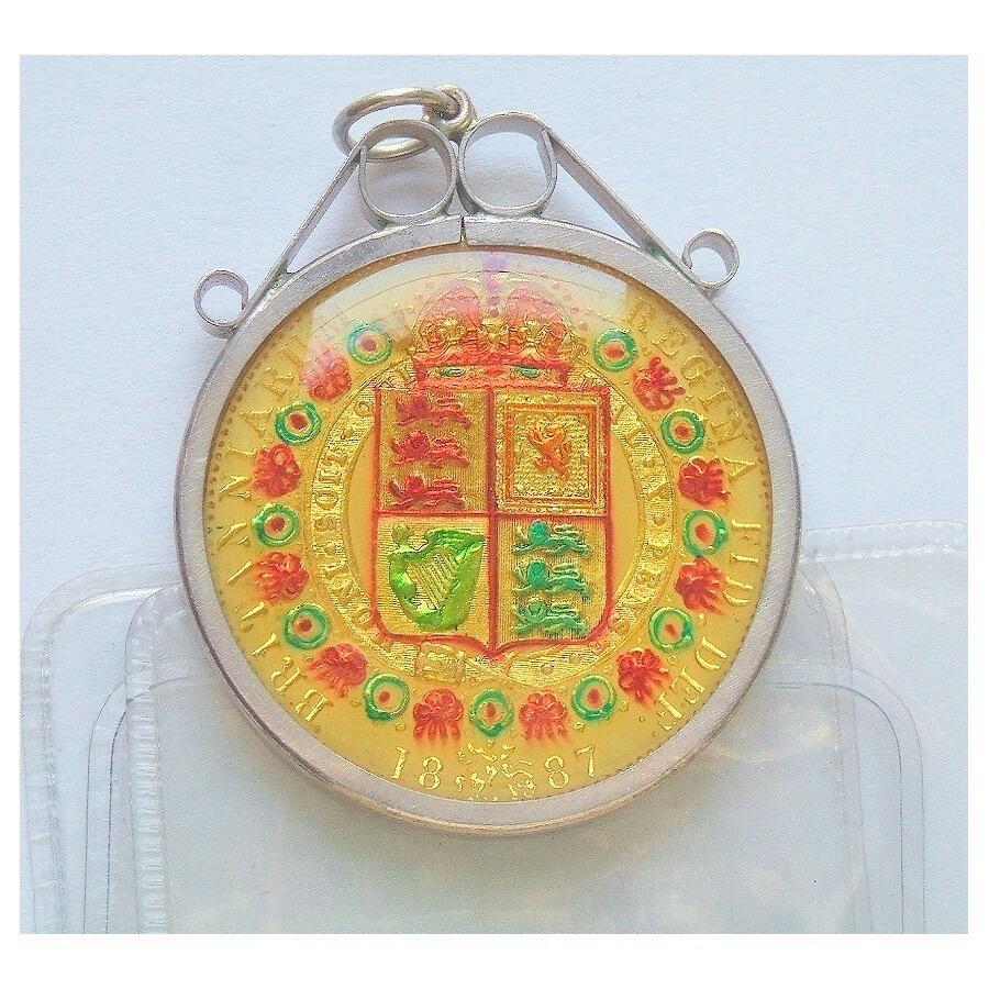 【银】纯银手工银 英国1887年维多利亚珐琅彩镀金高浮雕精制银币章吊坠 33MM 20克