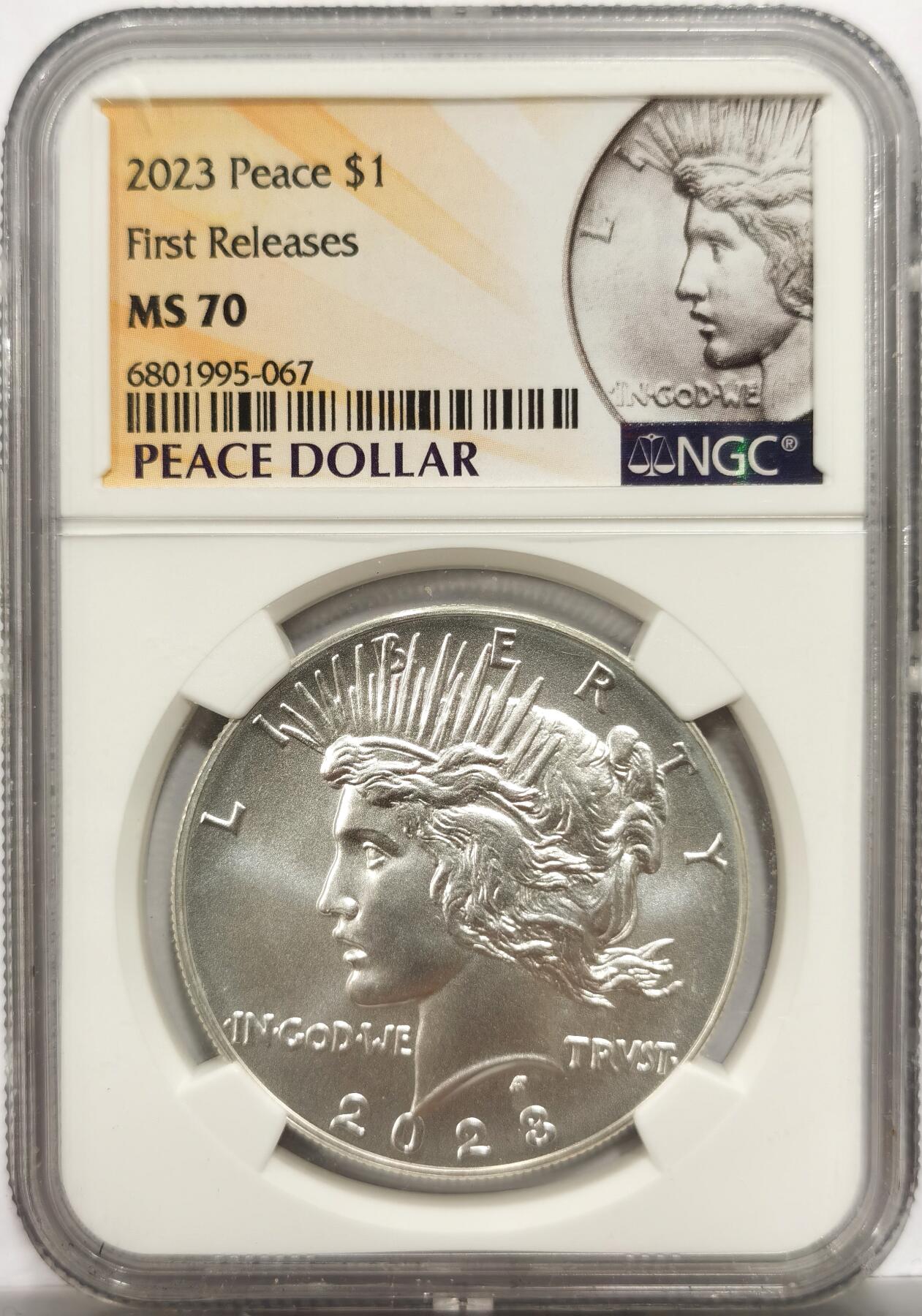 博洋堂世界钱币拍卖第153期（全场包邮） NGC MS70 美国2023年和平银元1美元普制纪念银币首发版。来自官方复刻1921年首发的高浮雕版和平银币