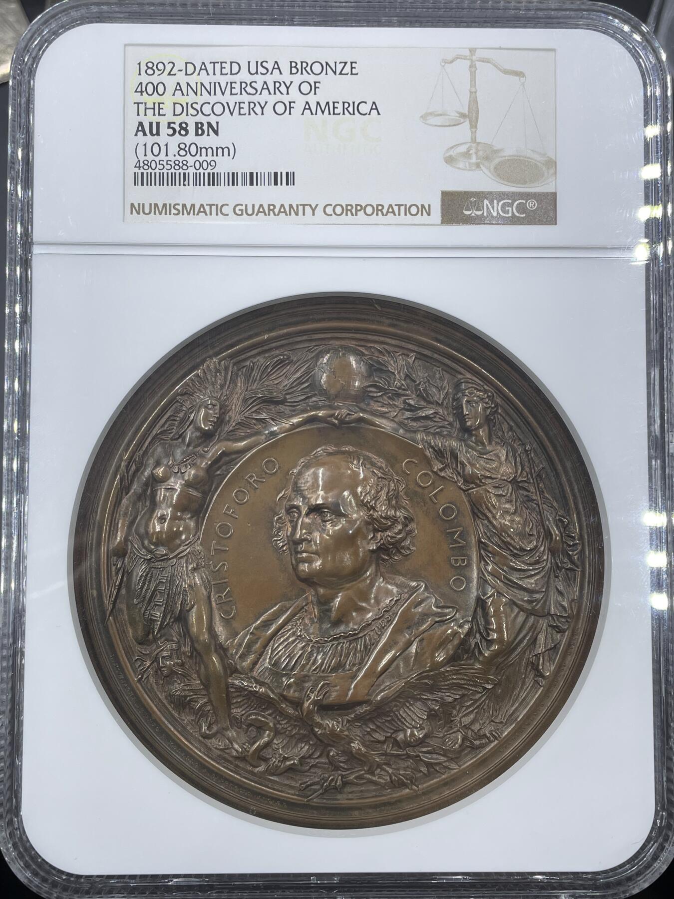 「木头集藏」“冬至雅藏”——章牌精品专场！ Ludovico Pogliaghi～1892年意大利哥伦布发现美洲大陆400周年纪念大铜章，直径：101.8 mm，。