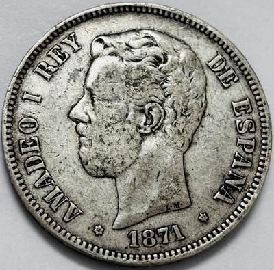 文馨钱币收藏第 286 场，圣诞节专场【 长期接收代拍品低至 0 佣金】 - 好品 1871 年西班牙阿玛迪奥一世 5 比塞塔大银币，首发版比较少见 900 银