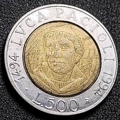 泉币菌-第151场-精品福利场 - 数学家帕乔利 意大利500里拉双金属双色纪念币 25.8毫米 6.8克