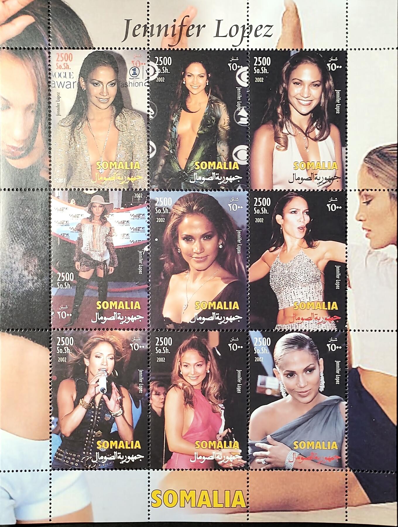 ↓君缘收藏685期☞钱币邮品↓无佣金、可寄存、满30元包邮  索马里邮票，2002年美国歌手演员詹妮弗·洛佩兹纪念邮票版张