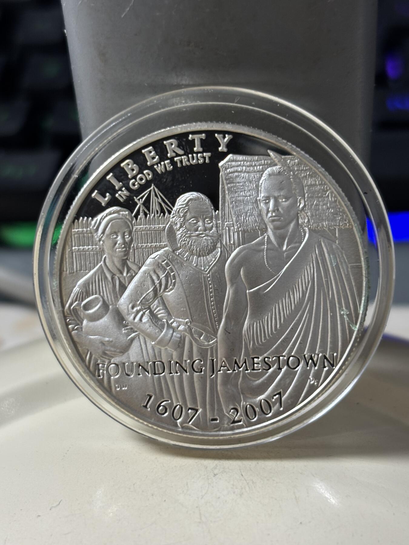 第185期拍卖 获奖美国2007年詹姆斯敦建城400周年纪念银币,900银，26.72克，荣获世界硬币大奖赛