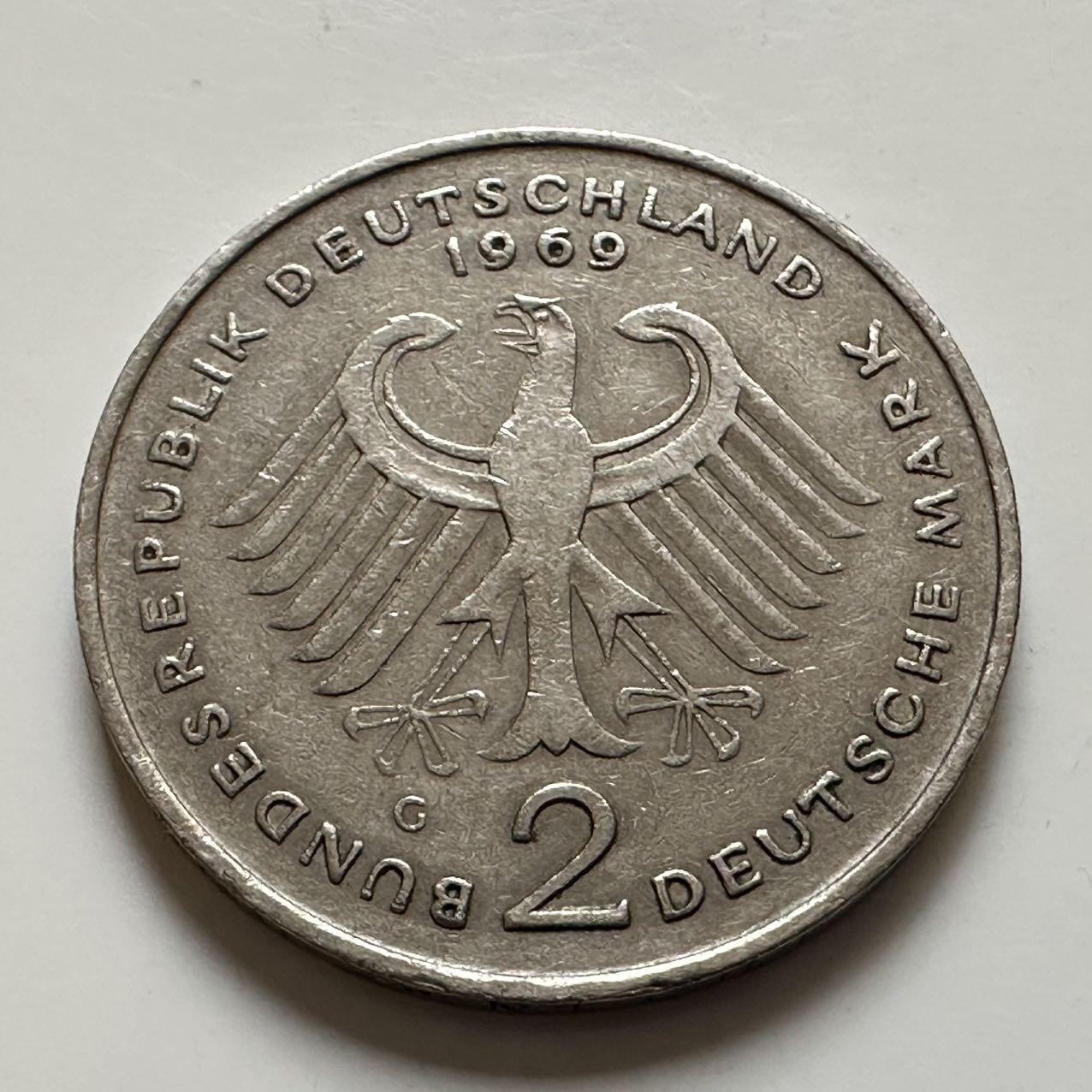 🌹外币初藏🌹🐯2025年第143场  每周二四六晚8️⃣点 接代拍 德国1969年G版 2马克 西德首任总理阿登纳
