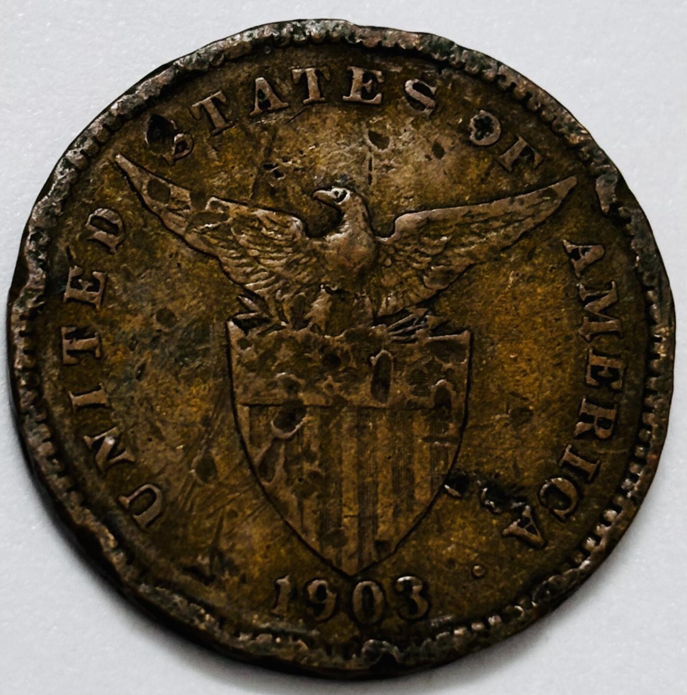 文馨钱币收藏第 286 场，圣诞节专场【 长期接收代拍品低至 0 佣金】 1903 年美属菲律宾 1 分铜币，第一版本首发年