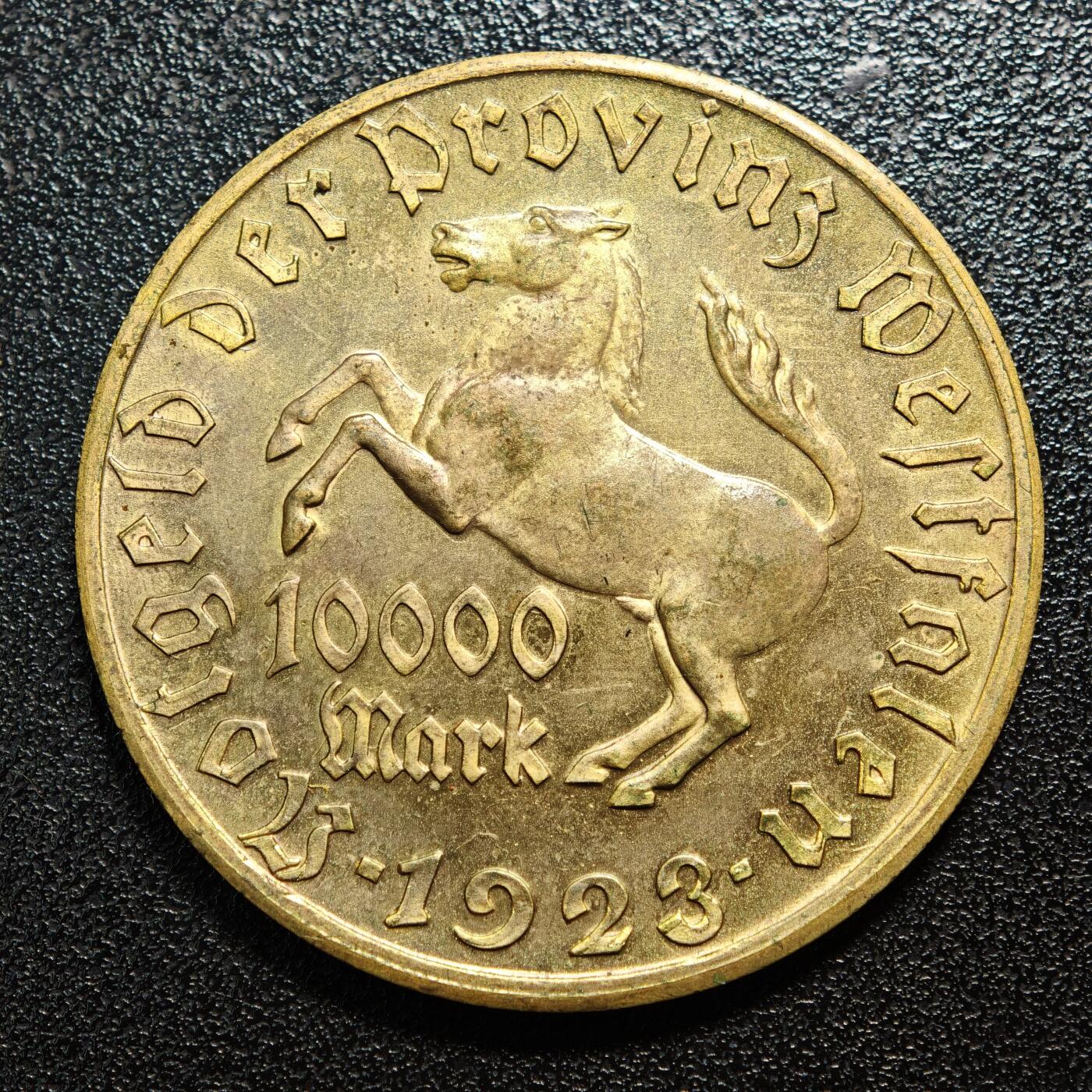【德藏】世界币章拍卖第158期（拍品征集中~欢迎藏友联系） 1923年 德国德紧威斯特法伦10000马克马币镀金铜币 金水十足 直径约：44.5mm；重约：32.1g