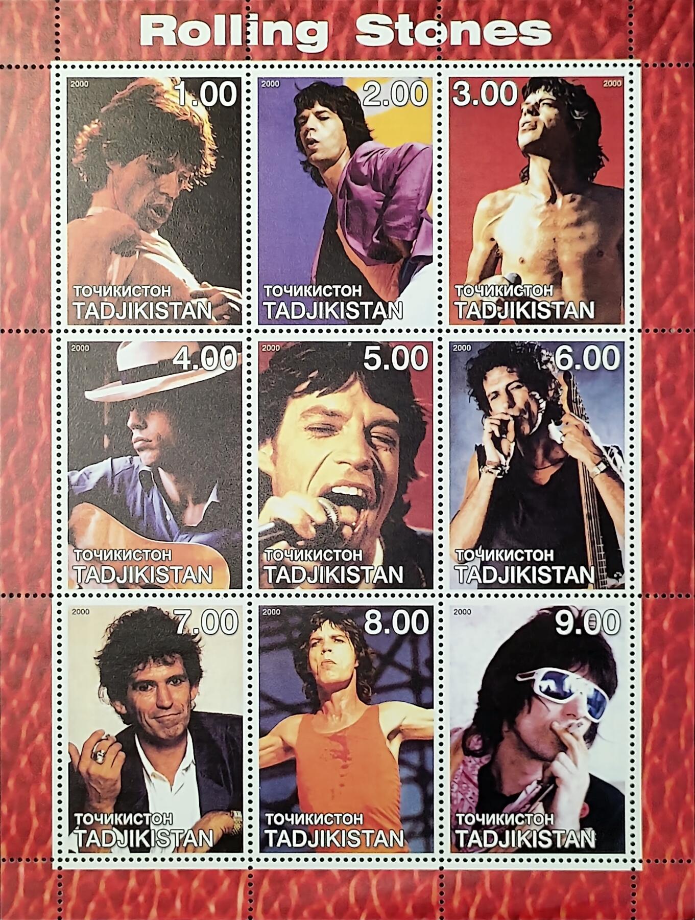 ↓君缘收藏685期☞钱币邮品↓无佣金、可寄存、满30元包邮  塔吉克斯坦邮票，2000年英国“滚石乐队”邮票小版张
