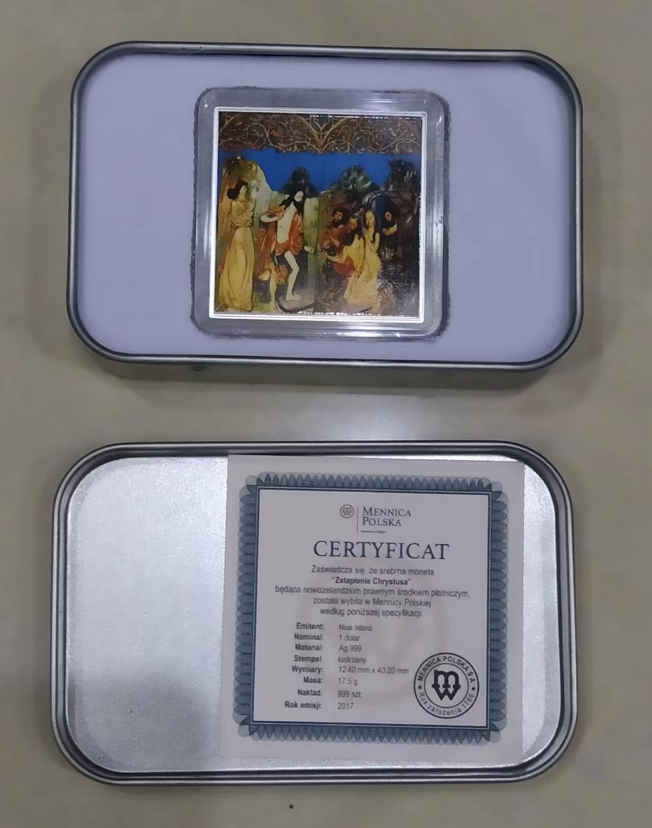 第185期拍卖  纽埃2016年，罗马诺 名画系列-“耶稣和抹大拉的玛利亚”，异形、彩色精制银币. 盒证全. 带展示支架的原盒，高颜值漂亮银币. 大师名画系列银币. 国外售价151美元