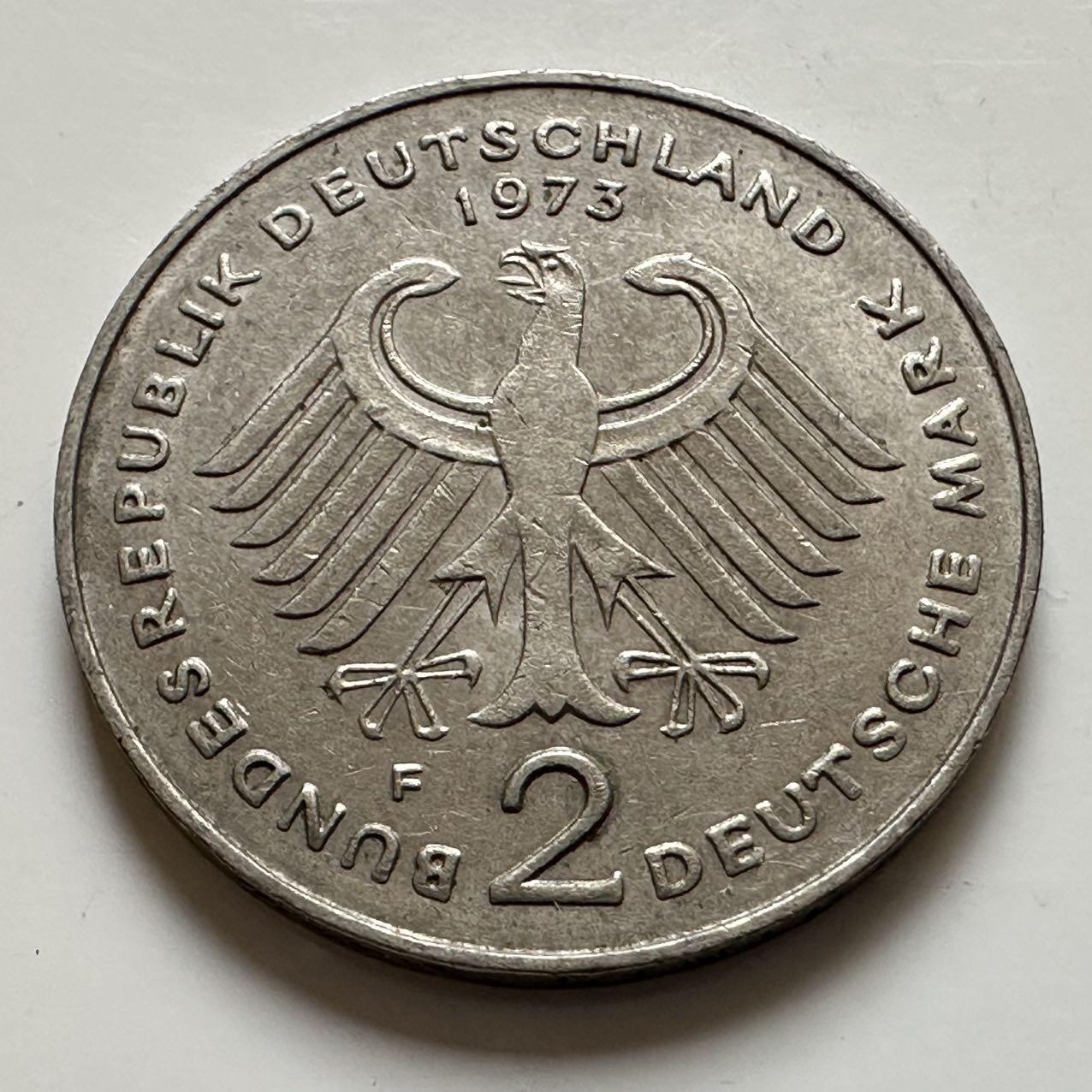 🌹外币初藏🌹🐯2025年第143场  每周二四六晚8️⃣点 接代拍 德国1973年F版 2马克 阿登纳