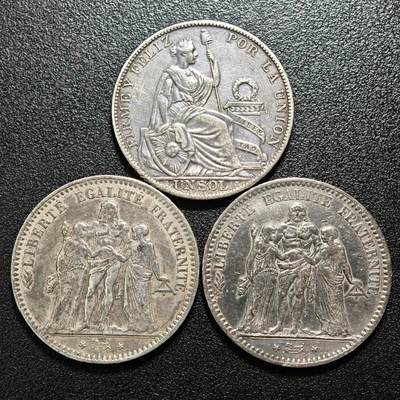 【德藏】世界币章拍卖第158期（拍品征集中~欢迎藏友联系） - 3枚一组 1933年 秘鲁女神1索尔银币 及 1975、76年 法国大力神5法郎银币  详细尺寸请看拍品介绍