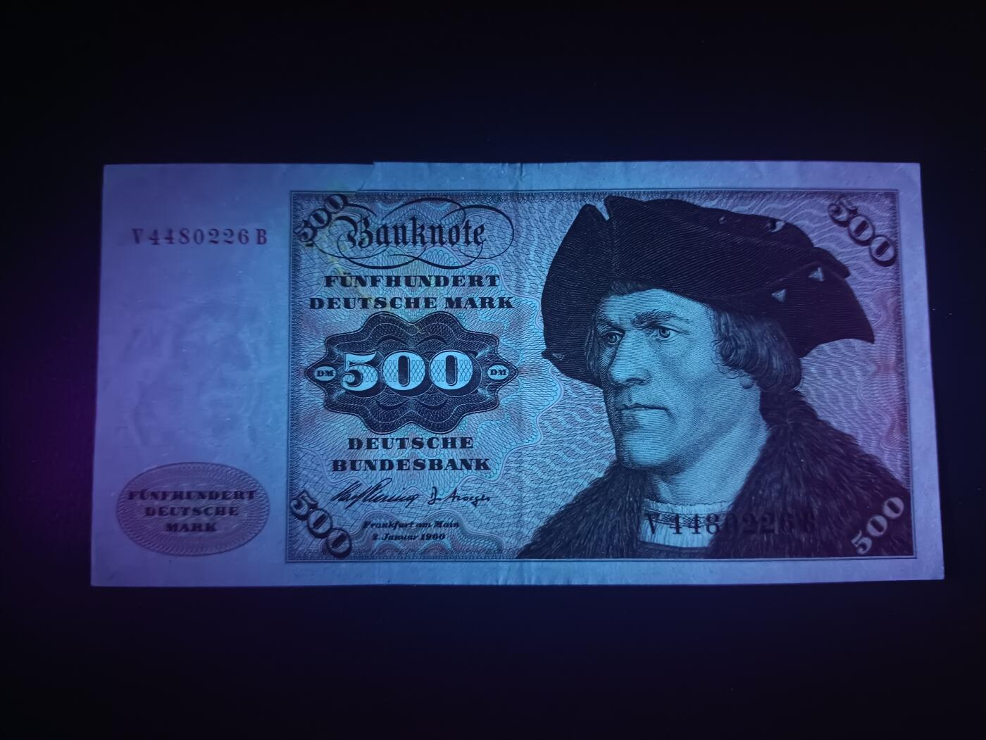2025十二月第四期，总209期 德国1960年500马克AUNC有大幅度撕裂和针孔洞，舍那的大副肖像和爱尔茨堡