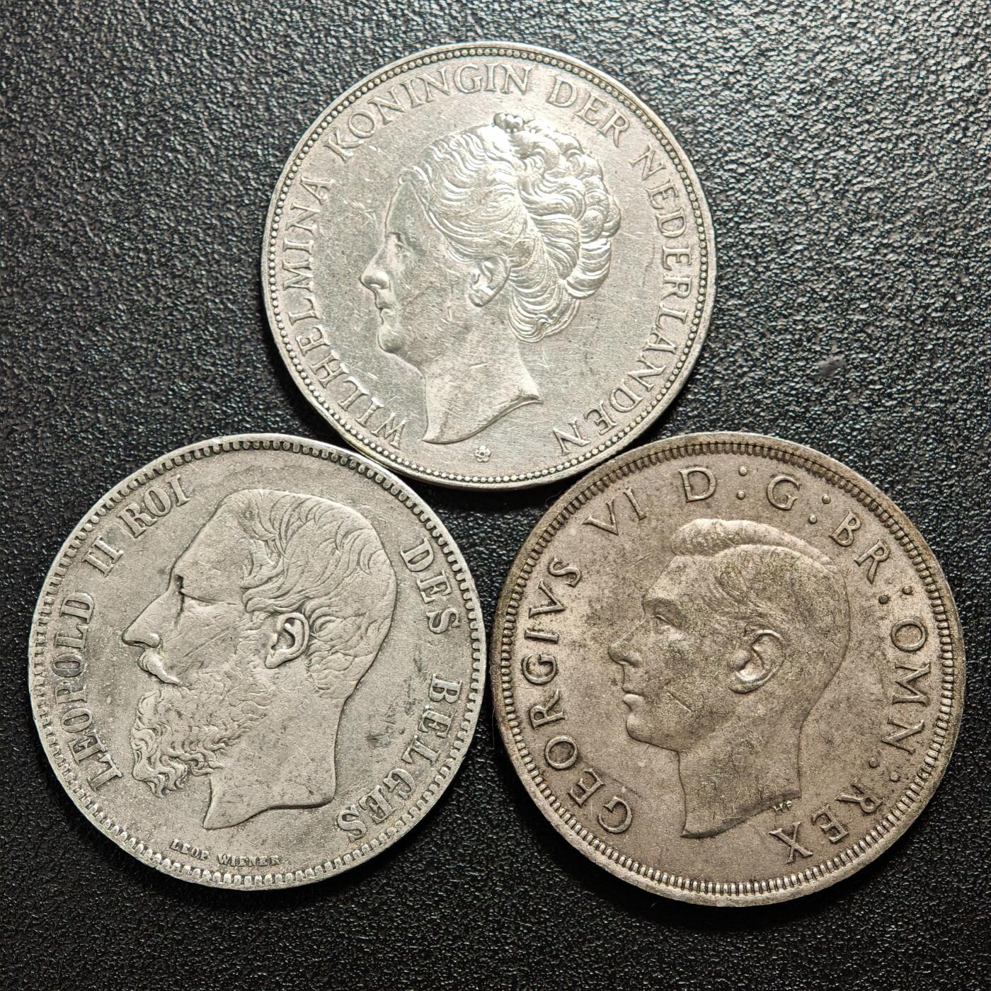 【德藏】世界币章拍卖第158期（拍品征集中~欢迎藏友联系） 3枚一组 1931年 丹麦威廉敏娜女王2.5盾银币 及 1868年 比利时利奥波德二世5法郎银币 及  1937年 英国乔治六世登基克朗纪念银币 详细尺寸请看拍品介绍