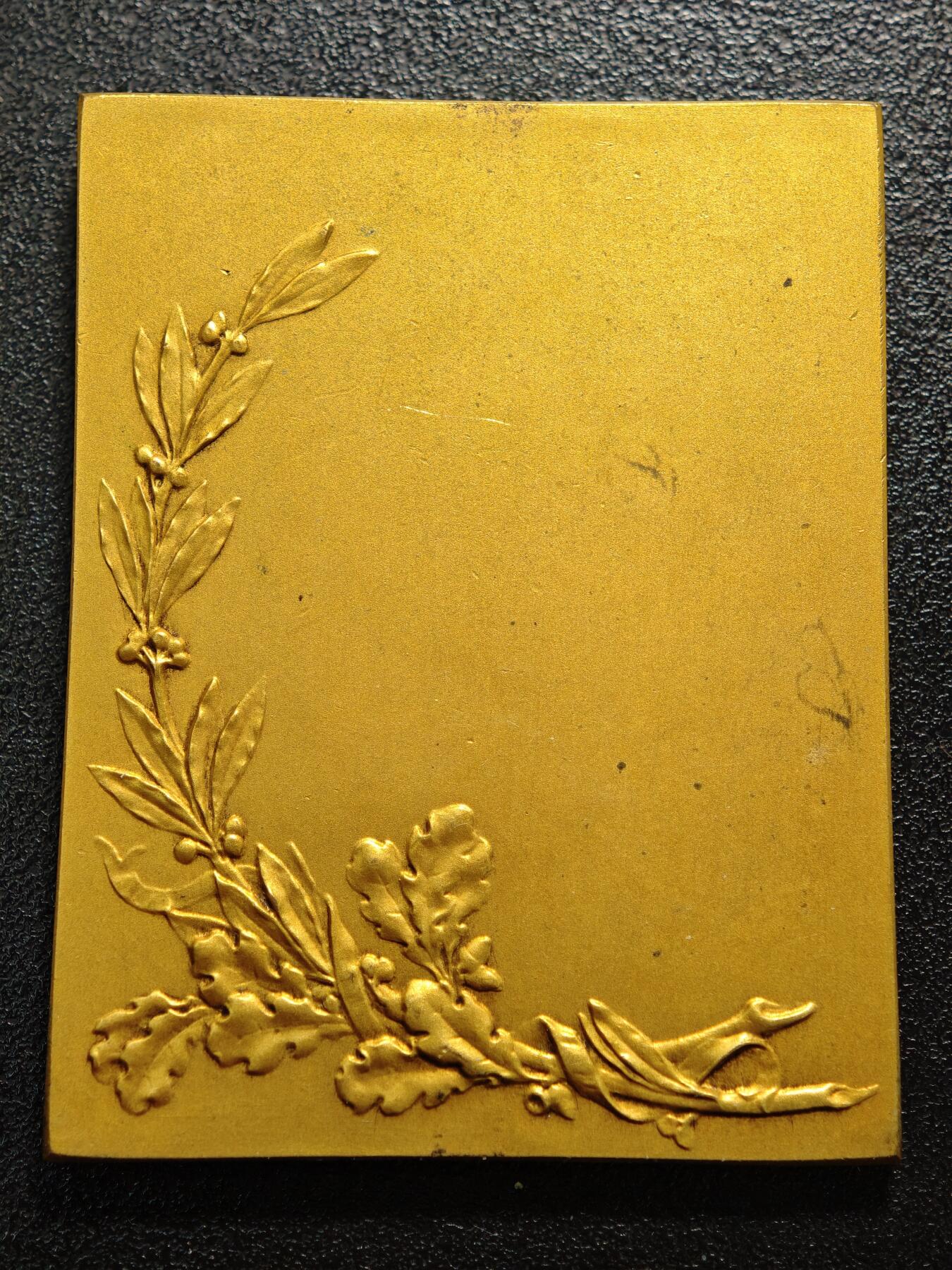 【德藏】世界币章拍卖第158期（拍品征集中~欢迎藏友联系） 法国新艺术时期雅典娜玛丽安娜拟人化主题镀金矩形纪念铜章未刻字奖章  直径约：46.4mm×60.2mm；重约：75g