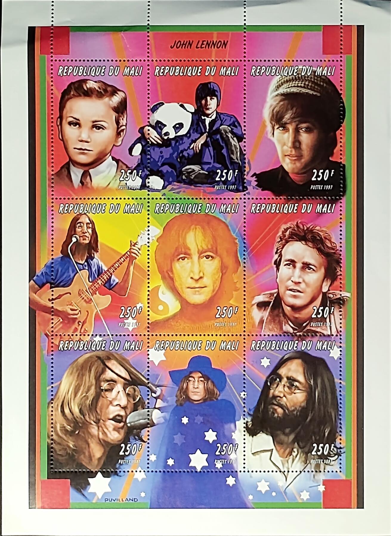 ↓君缘收藏685期☞钱币邮品↓无佣金、可寄存、满30元包邮  马里邮票，1997年摇滚乐队披头士歌手约翰•列侬邮票小版张