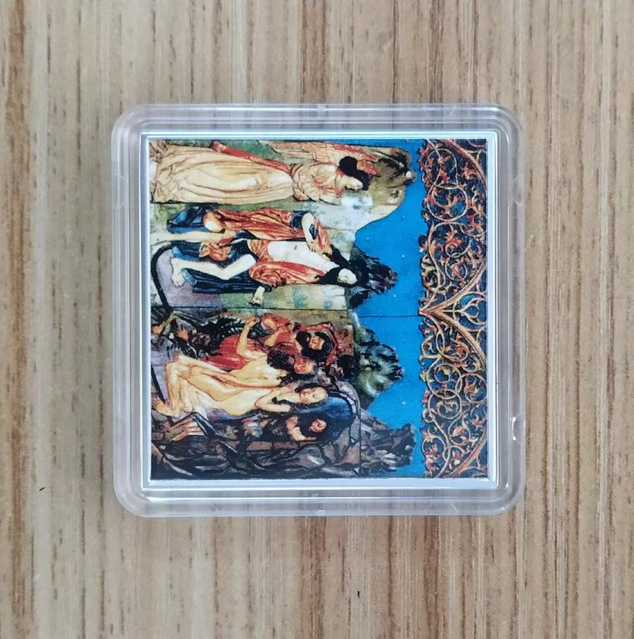 第185期拍卖  纽埃2016年，罗马诺 名画系列-“耶稣和抹大拉的玛利亚”，异形、彩色精制银币. 盒证全. 带展示支架的原盒，高颜值漂亮银币. 大师名画系列银币. 国外售价151美元