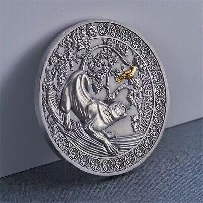 第185期拍卖 【龙头币】加纳2022，狂野杀手(1)-黑豹猎鸟，50克加大(直径达50mm)超高浮雕,仿古镀金银币. 盒证全. 龙头币 (狂野系列第一枚)，该系列即将发行第三枚. 实物图案超漂亮、立体. 新热门，国外售价348美元