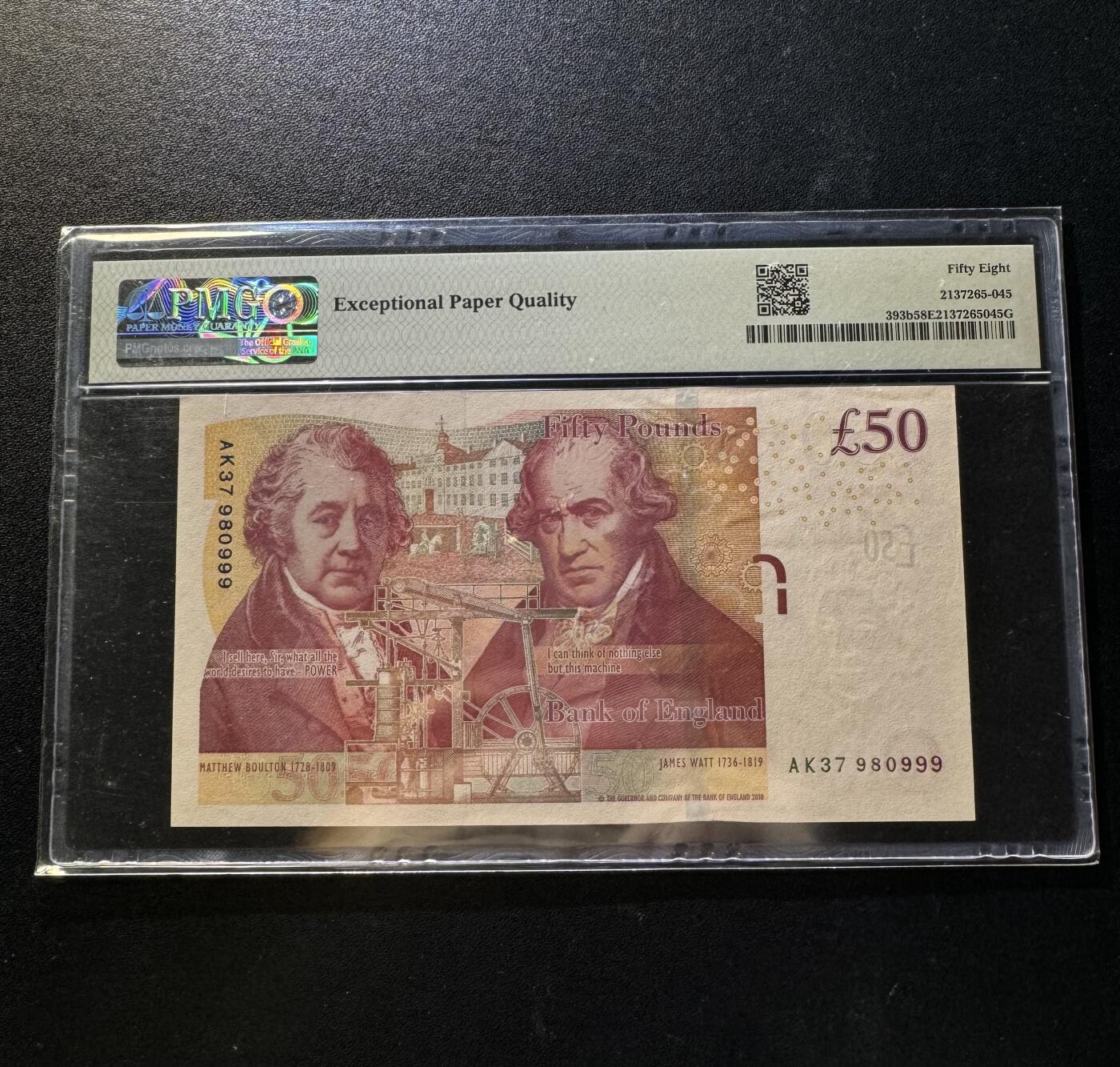 【外币出坑】0元0佣金起拍 无保留价 英国F序列 50磅 倒置豹子号 PMG58E