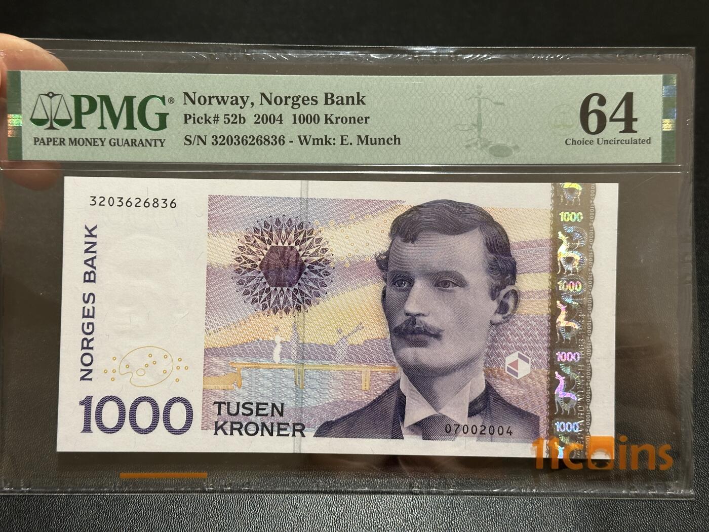 《外钞收藏家》第五百九十五期（优品场）（本平台长期征集拍品、欢迎藏友们联系合作） 2004年挪威1000克朗 蒙克 PMG64 无47靓号