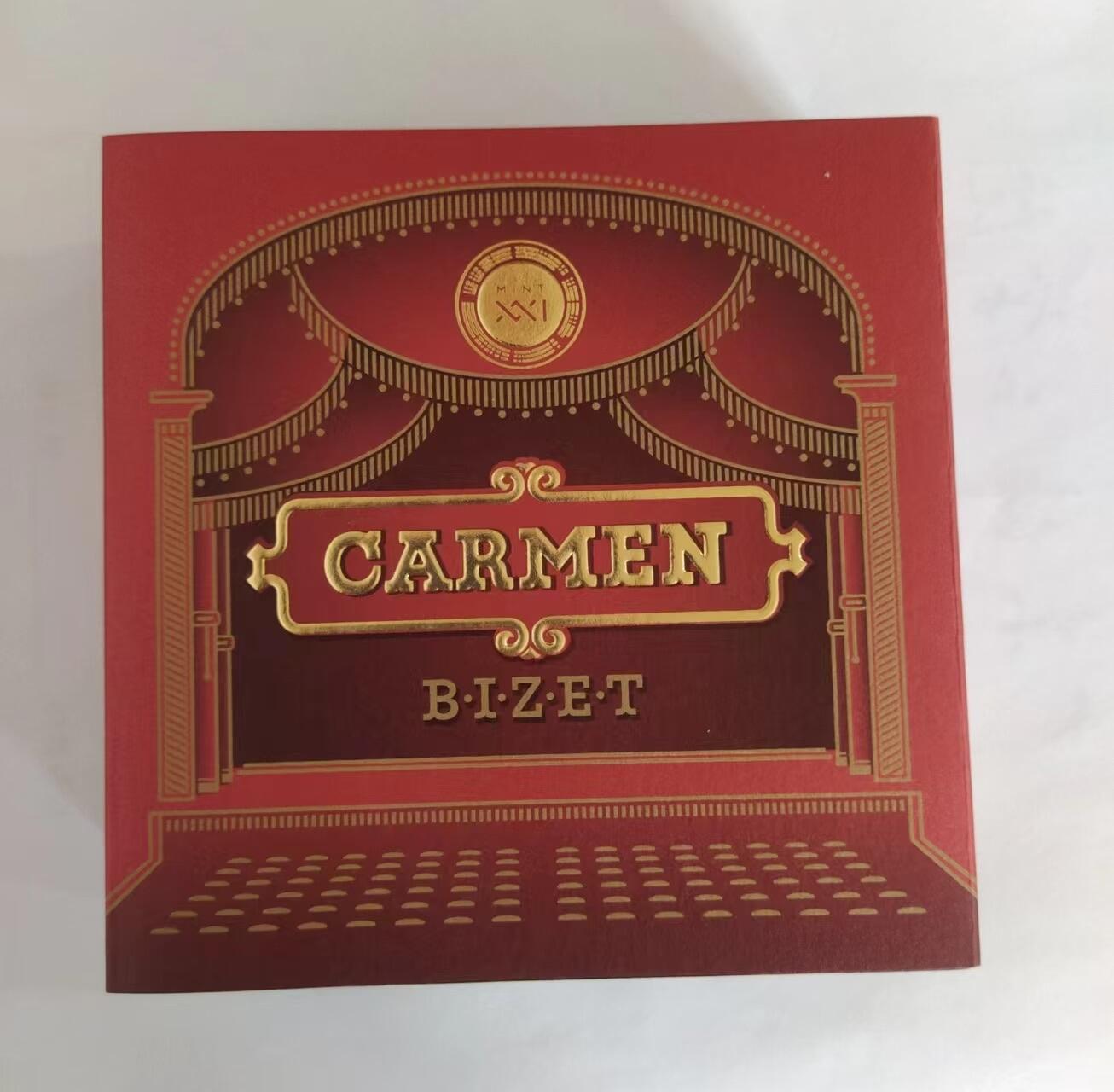 第185期拍卖 纽埃2022年，世界最著名(比才)歌剧《卡门》，2盎司加大(直径达55mm)，超高、超精浮雕, 仿古、全景、彩色银币. 盒证全. 遵照国际最高银币质量标准制造. 采用“全景”设计，人物与背景充满了画面，超高精细浮雕远、中、近景层次分明，工艺细致. 实物更加立体震撼,非常漂亮. 应景当前巴黎奥运会热门银币. 国外售价350美元