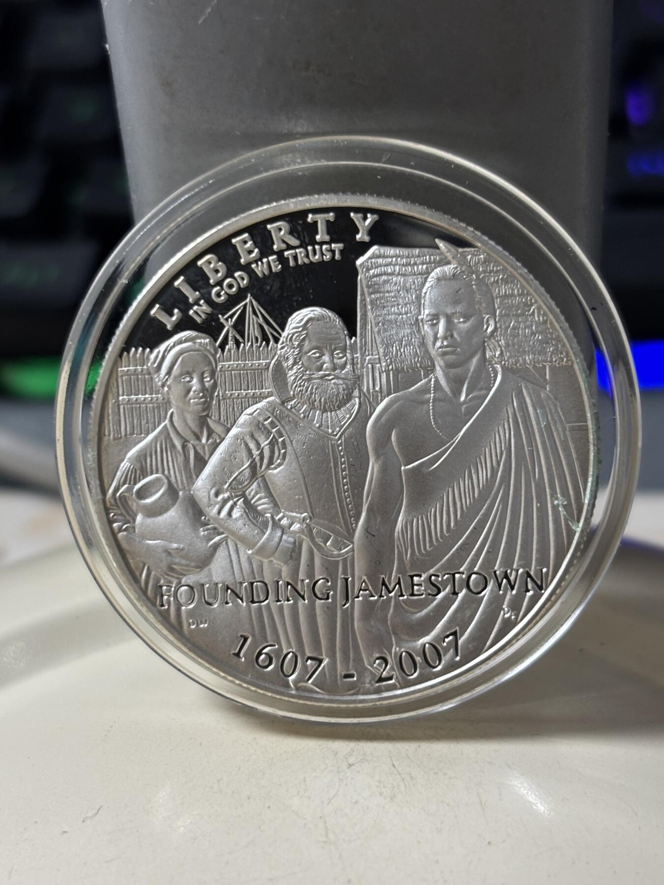 第185期拍卖 获奖美国2007年詹姆斯敦建城400周年纪念银币,900银，26.72克，荣获世界硬币大奖赛