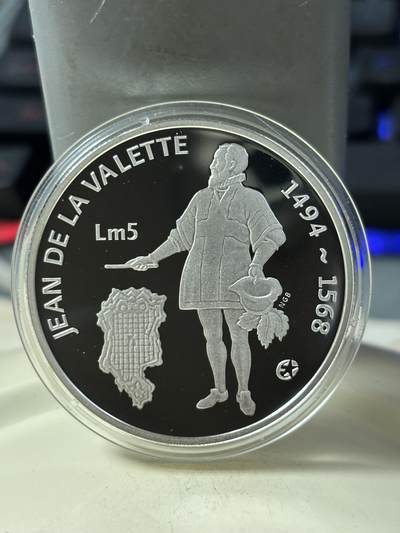 第185期拍卖 - 马耳他2007年马耳他骑士团大首领瓦莱特5里拉精制纪念银币，925银，27克，银价374元