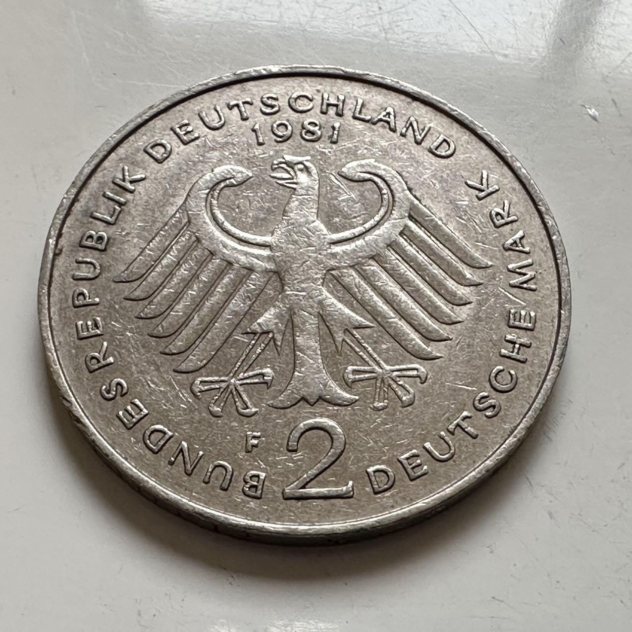 🌹外币初藏🌹🐯2025年第143场  每周二四六晚8️⃣点 接代拍 德国1981年F版 2马克 阿登纳