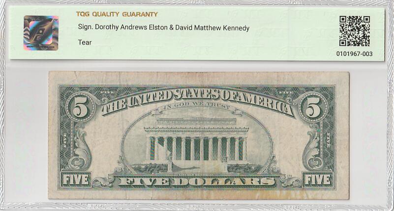 2025十二月第四期，总209期 美国1969年版5元TQG30分，由于正面漏墨失误造成了一种有趣的错版品种
