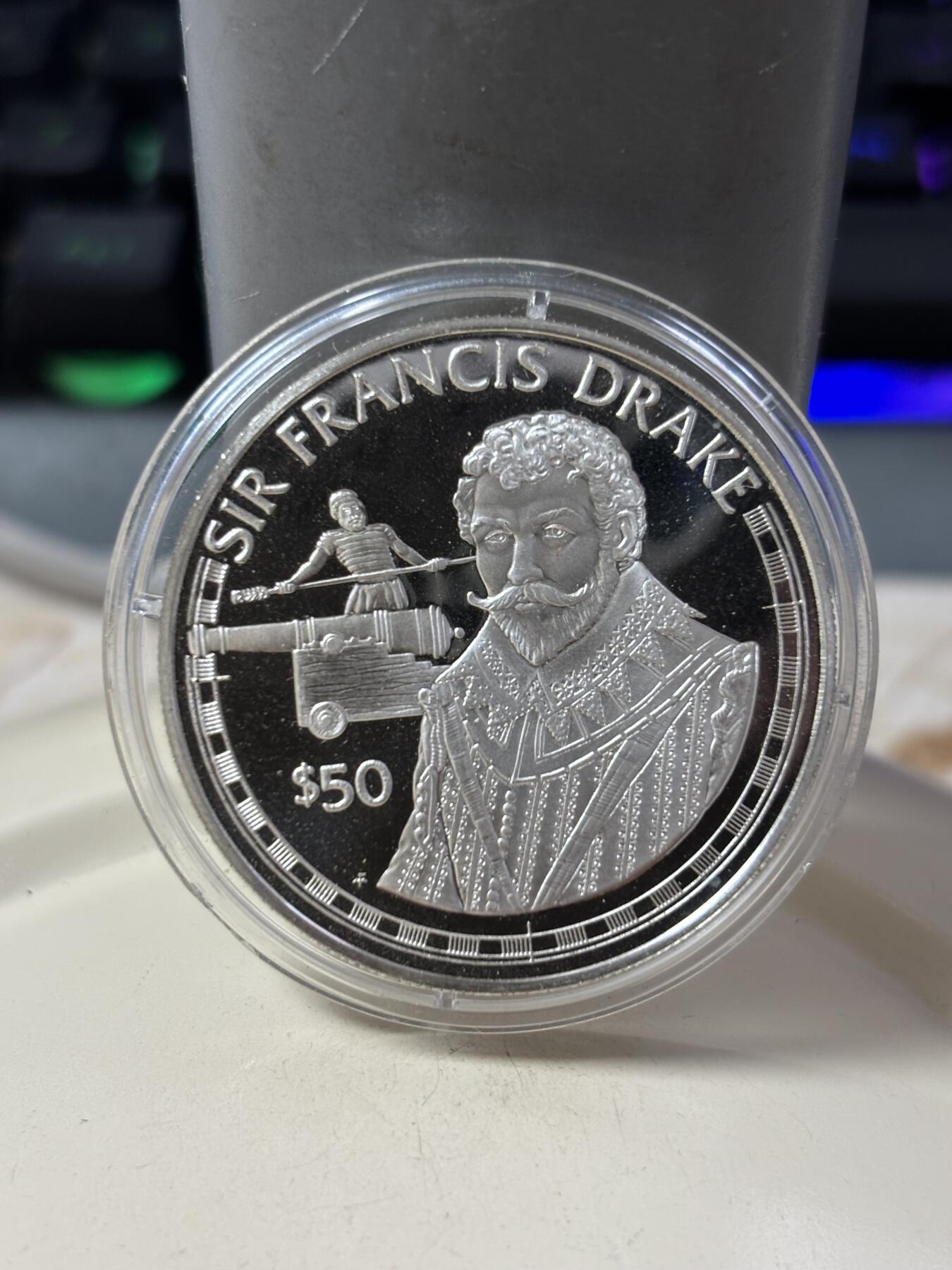 第185期拍卖 库克1988年弗朗西斯·德雷克爵士纪念银币，20.94克，925银，银价289.6元