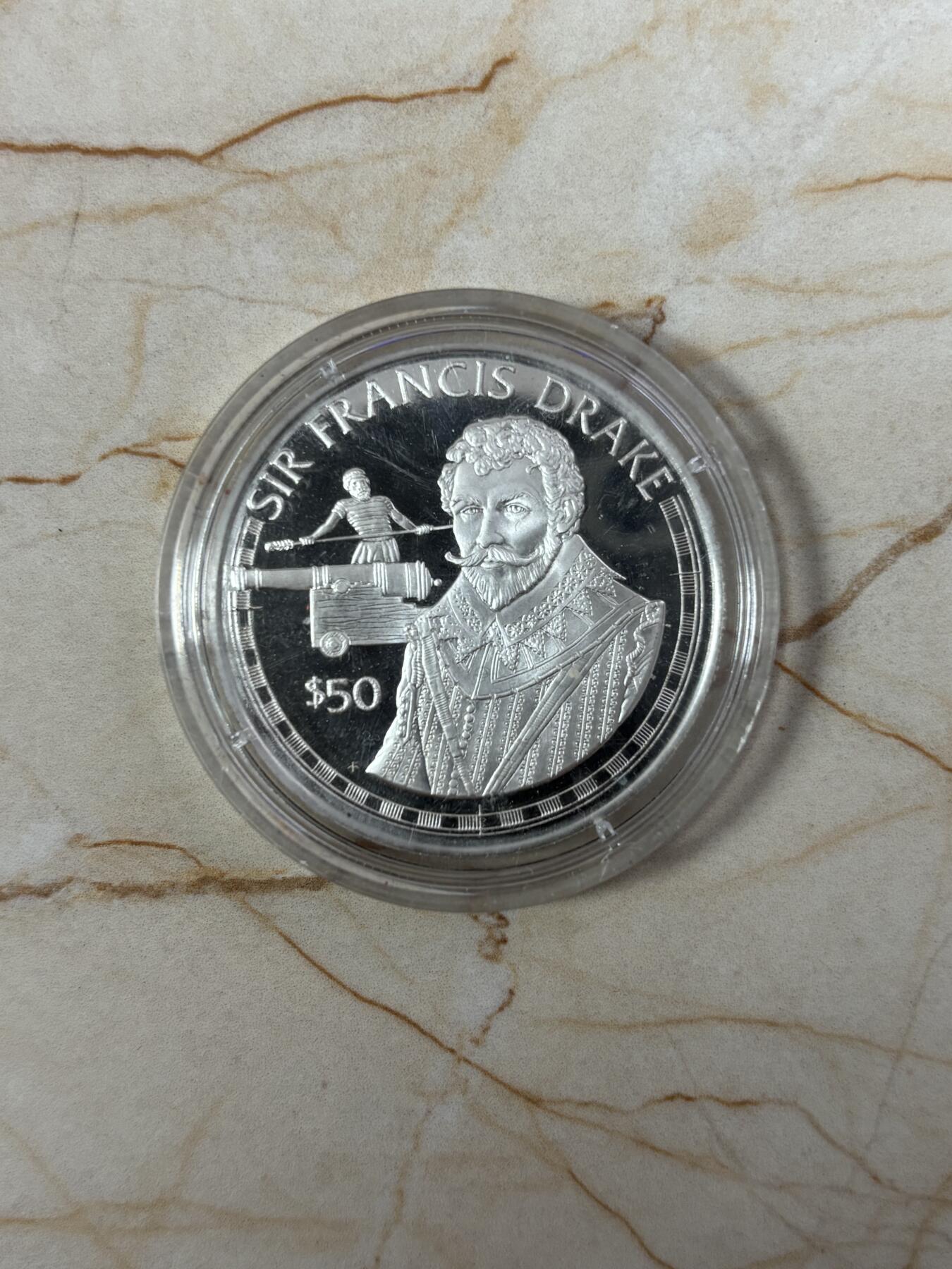 第185期拍卖 库克1988年弗朗西斯·德雷克爵士纪念银币，20.94克，925银，银价289.6元