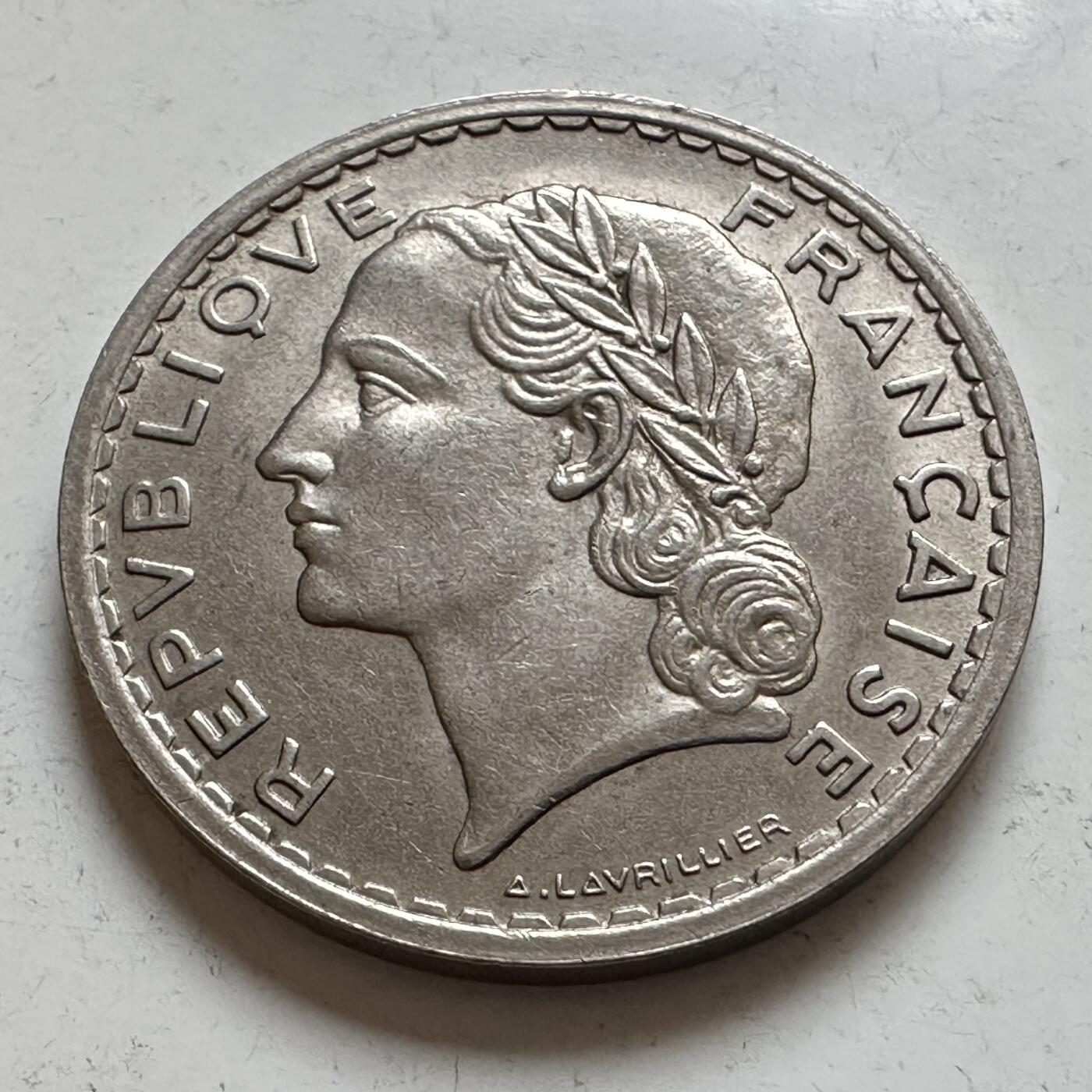 🌹外币初藏🌹🐯2025年第143场  每周二四六晚8️⃣点 接代拍 法国1935年5法郎 镍币版 带光美品