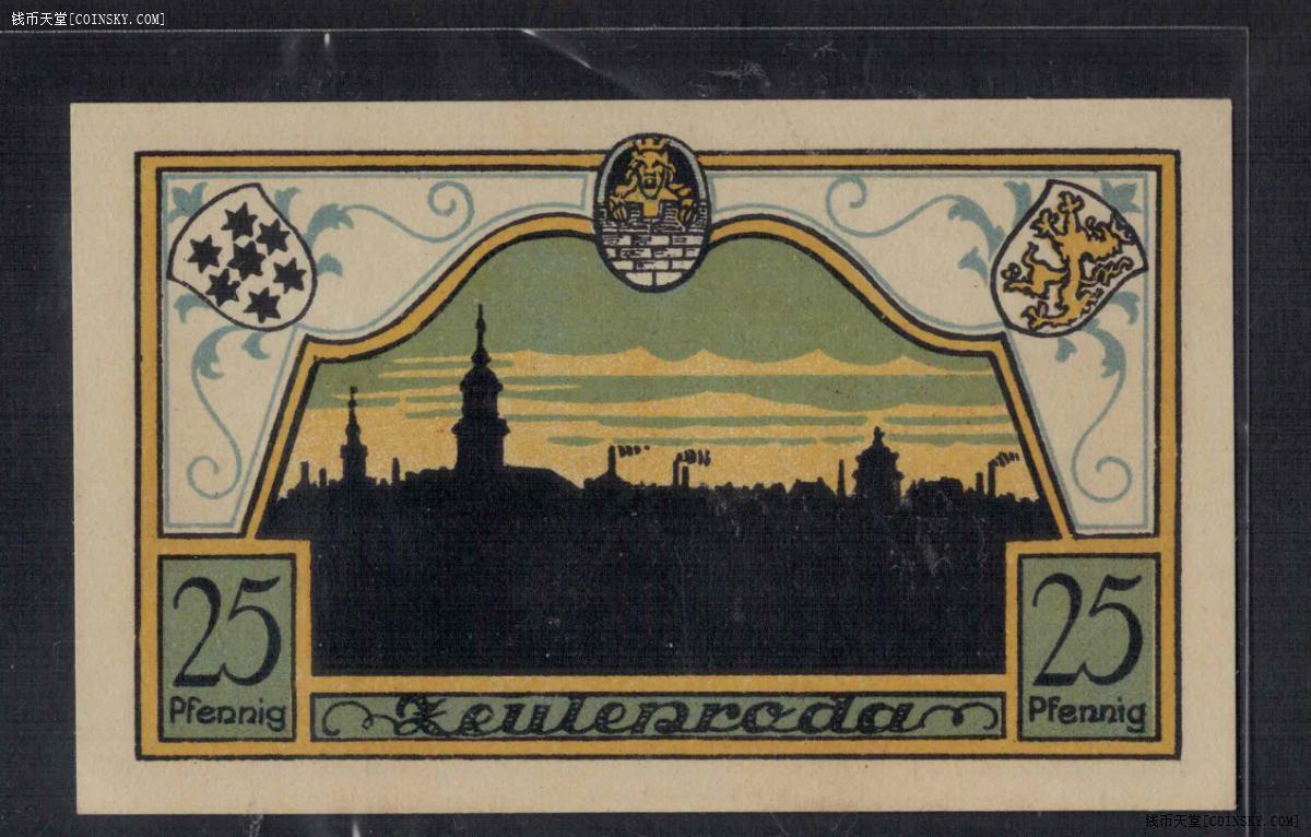 德国1921年25芬尼 图林根州措伊伦罗达地方应急代用币 实物图 UNC