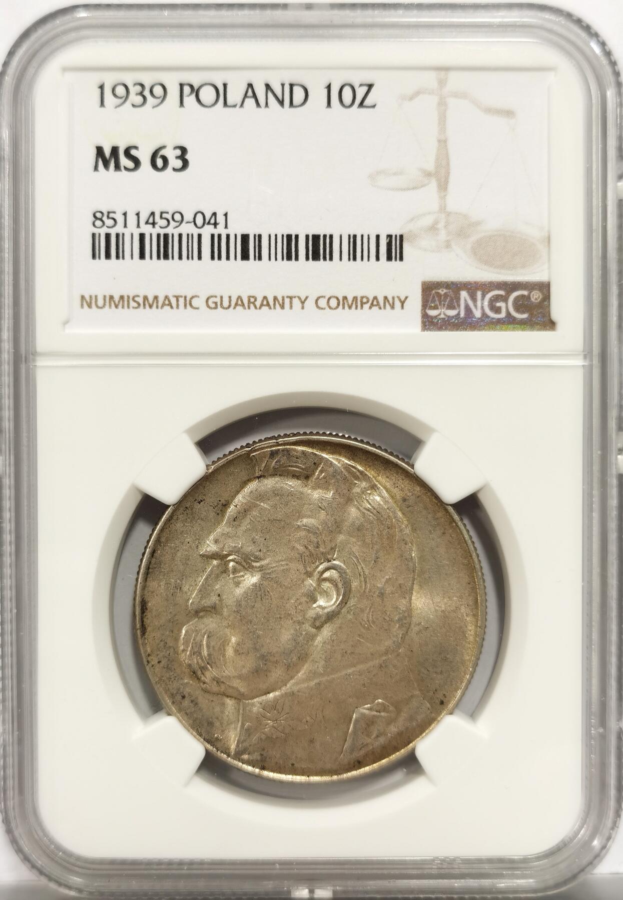 博洋堂世界钱币拍卖第153期（全场包邮） NGC MS63 波兰共和国1939年国父与波兰翼骑兵之父毕苏斯基纪念10Z大银币，双面东欧淡金油彩包浆，铁血国父与骑兵之父形象熠熠生辉，霸气十足，斯巴达勇士气概拉满，麦稀奇所见最高分