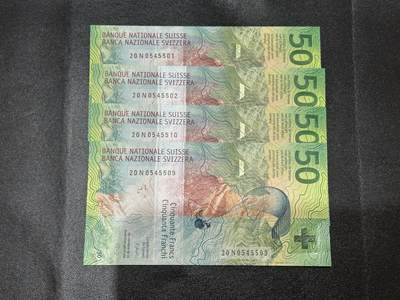 《外钞收藏家》第五百九十五期（优品场）（本平台长期征集拍品、欢迎藏友们联系合作） - 2020年瑞士50法郎 四张一起 两俩连号 全新UNC