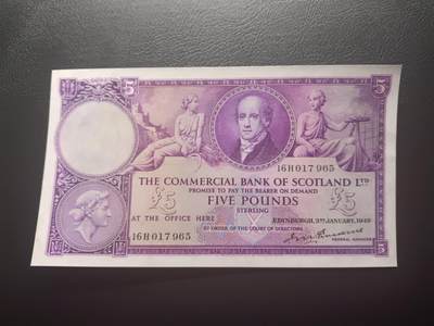 2025十二月第四期，总209期 - 苏格兰国家商业银行1949年5镑AUNC，银行创始人和银行19世纪的图景，稀有早期紫色版本