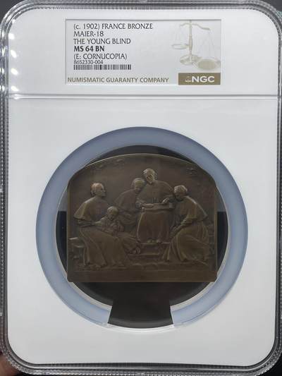 「木头集藏」“冬至雅藏”——章牌精品专场！ - Hippolyte Lefèbvre～法国SAMF协会18号作品铜章“盲童”，MS64 BN，法兰西章牌之友协会（SAMF）1903年发行，铜章发行量仅139枚。尺寸：68 × 80mm，边铭：丰饶角+火蝾螈+限量编号185，正面是雕刻师获奖同名石膏作品，被法国以6000法郎收购，现在放置于里尔美术馆，背面刻画盲人女童在导盲犬的引领下来到盲人学院，SAMF协会章是法国新艺术章牌最杰出的代表。