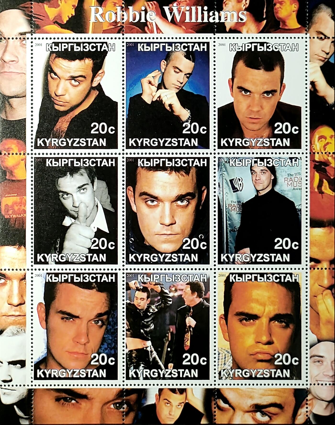↓君缘收藏685期☞钱币邮品↓无佣金、可寄存、满30元包邮  吉尔吉斯斯坦邮票，2001年英国流行歌手罗比·威廉姆斯邮票小版张
