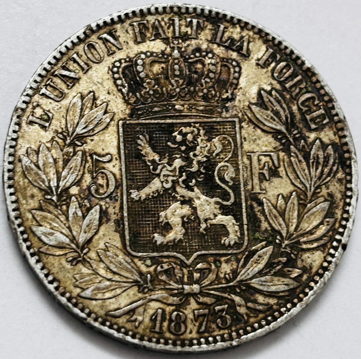 文馨钱币收藏第 286 场，圣诞节专场【 长期接收代拍品低至 0 佣金】 好品 1873 年比利时利奥波德二世 5 法郎大银币，黄油包浆 900 银，第一版本