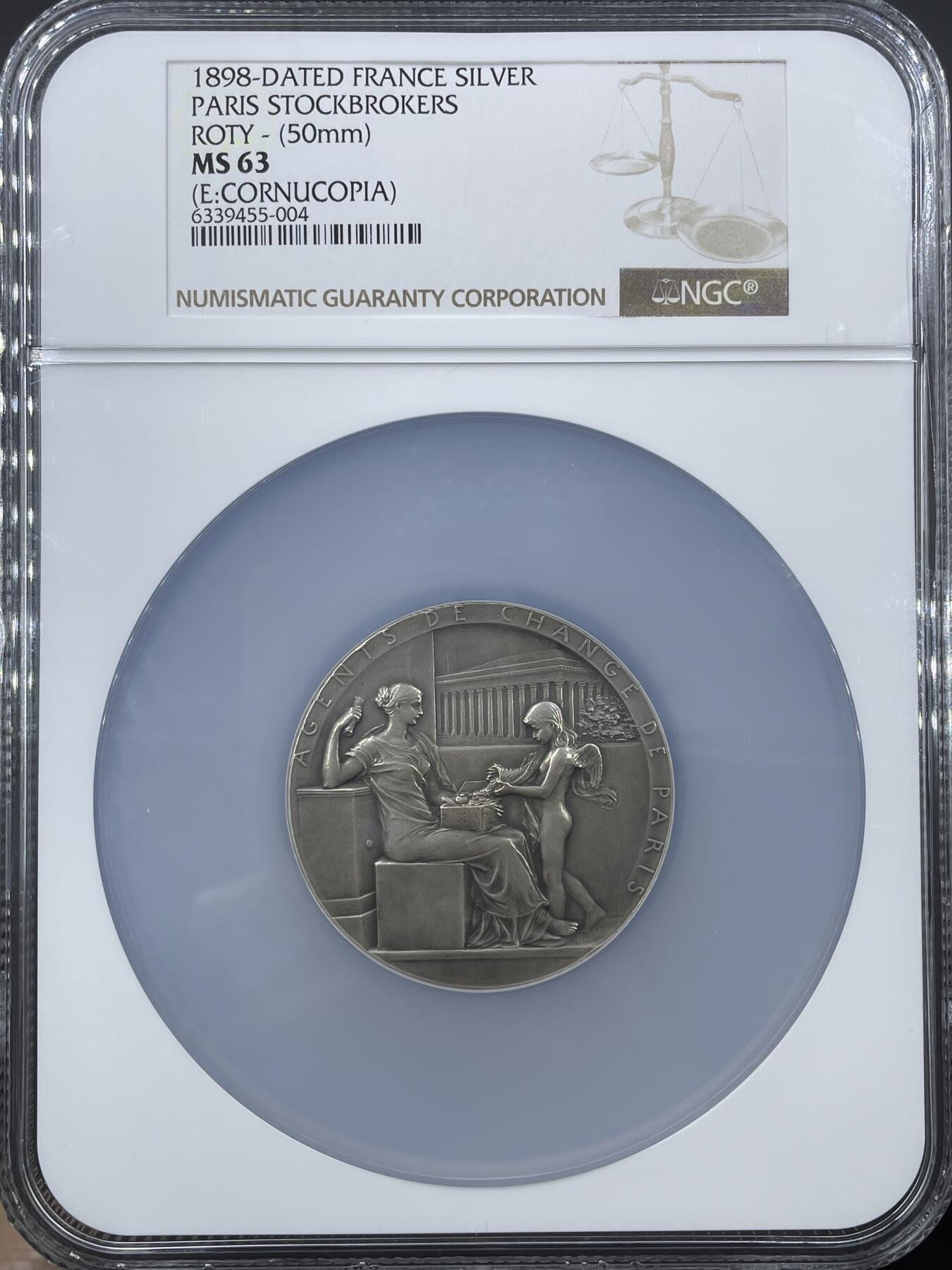 「木头集藏」“冬至雅藏”——章牌精品专场！ O.Roty～1898年法国巴黎股票经纪人大版银章 ，MS 63，直径：50mm ,名家代表作品，品相很不错，同款收藏佳品。