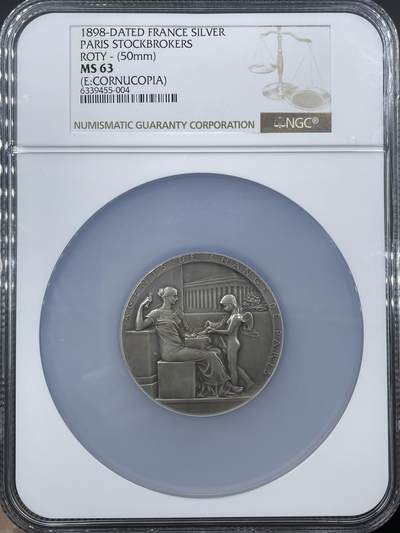 「木头集藏」“冬至雅藏”——章牌精品专场！ - O.Roty～1898年法国巴黎股票经纪人大版银章 ，MS 63，直径：50mm ,名家代表作品，品相很不错，同款收藏佳品。