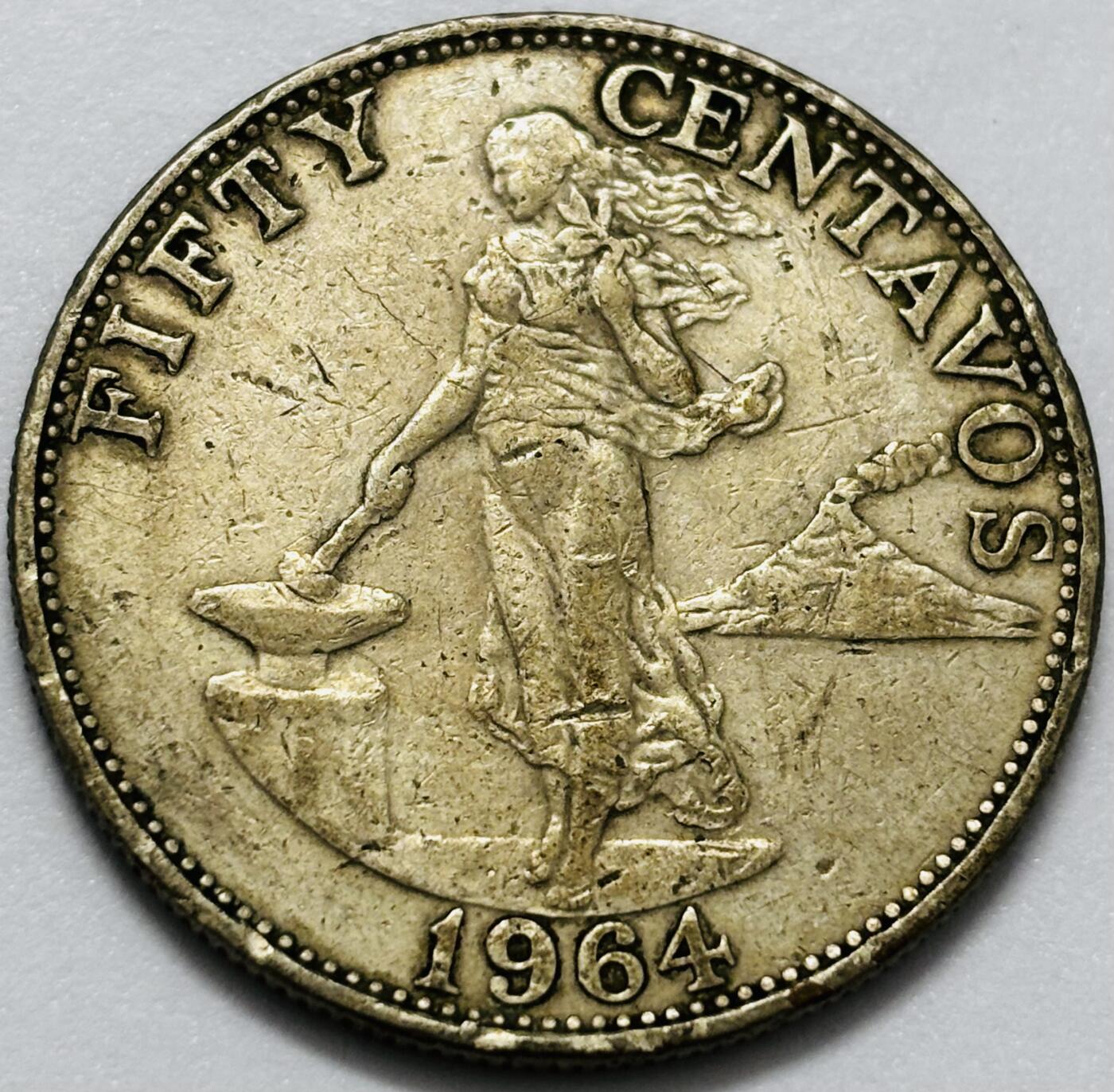 文馨钱币收藏第 286 场，圣诞节专场【 长期接收代拍品低至 0 佣金】 少见关门版 1964 年菲律宾打铁女神 50 分