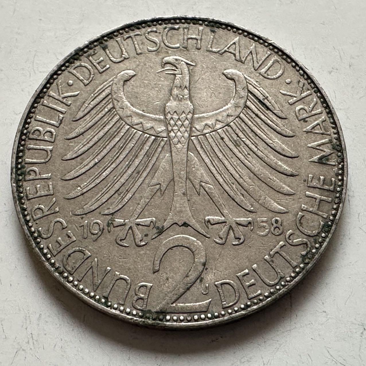 🌹外币初藏🌹🐯2025年第143场  每周二四六晚8️⃣点 接代拍 德国1958年J版 2马克 普朗克