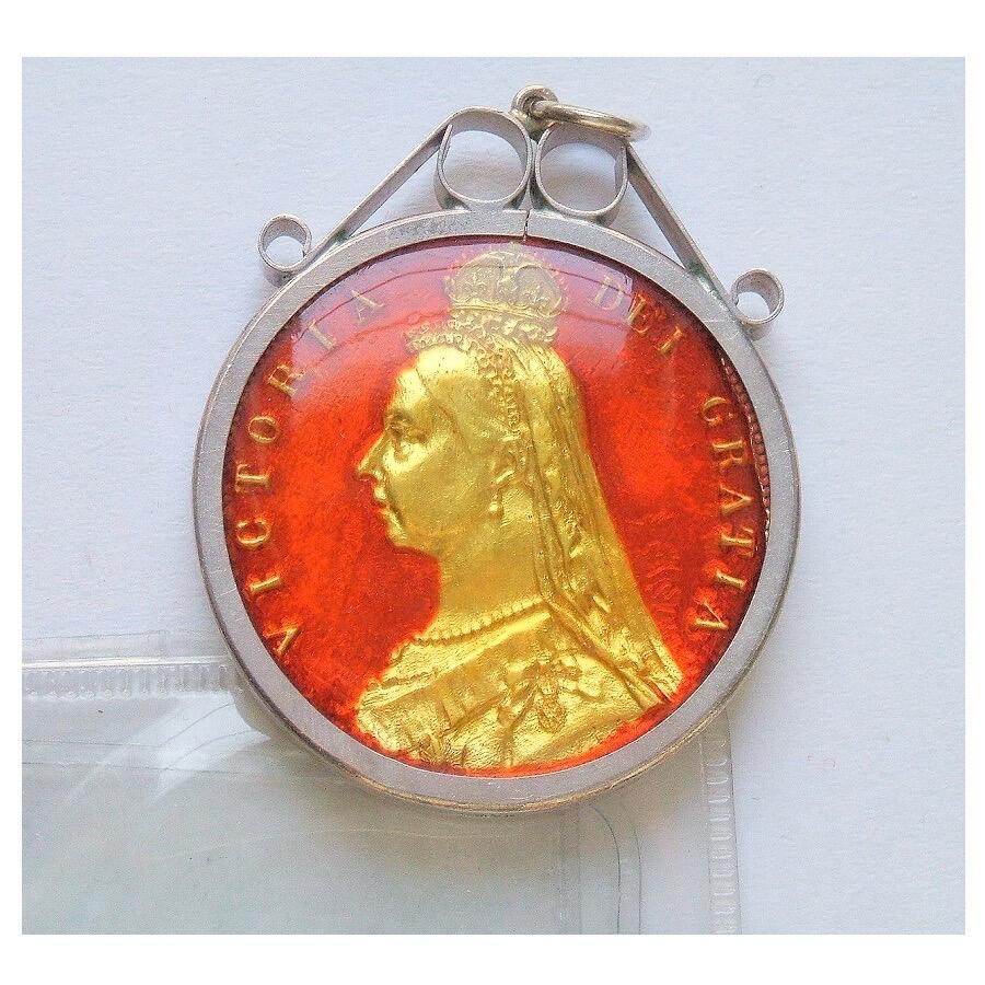 【银】纯银手工银 英国1887年维多利亚珐琅彩镀金高浮雕精制银币章吊坠 33MM 20克