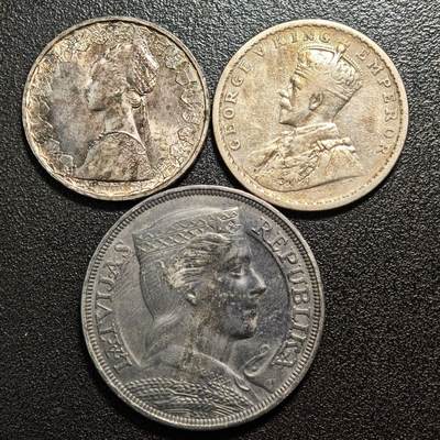 【德藏】世界币章拍卖第158期（拍品征集中~欢迎藏友联系） - 3枚一组 1931年 拉脱维亚女神5拉特银币 及 1964年 意大利女神帆船500里拉银币 及 1913年 英属印度1卢比银币 详细尺寸请看拍品介绍