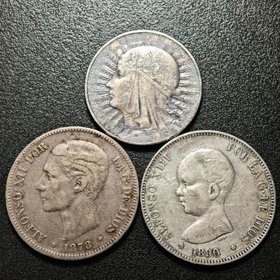 【德藏】世界币章拍卖第158期（拍品征集中~欢迎藏友联系） - 3枚一组 1933年 波兰女神10兹罗提银币 及 1878年 西班牙阿方索十二世5比索双柱银币 及 1890年 西班牙阿方索十三世5比索双柱银币 详细尺寸请看拍品介绍