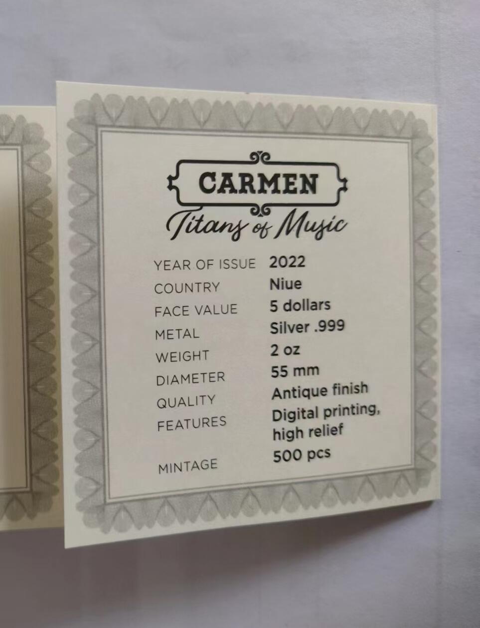 第185期拍卖 纽埃2022年，世界最著名(比才)歌剧《卡门》，2盎司加大(直径达55mm)，超高、超精浮雕, 仿古、全景、彩色银币. 盒证全. 遵照国际最高银币质量标准制造. 采用“全景”设计，人物与背景充满了画面，超高精细浮雕远、中、近景层次分明，工艺细致. 实物更加立体震撼,非常漂亮. 应景当前巴黎奥运会热门银币. 国外售价350美元