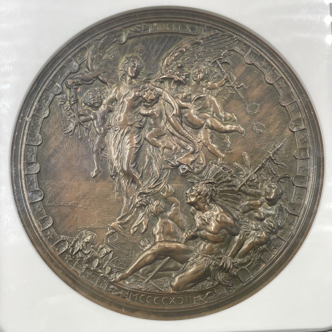 「木头集藏」“冬至雅藏”——章牌精品专场！ Ludovico Pogliaghi～1892年意大利哥伦布发现美洲大陆400周年纪念大铜章，直径：101.8 mm，。